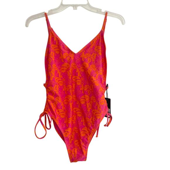 Ed Hardy‎ High Cut One Piece Swimsuit "Lady" Print Orange Pink Tie Size Large - Picture 1 of 10